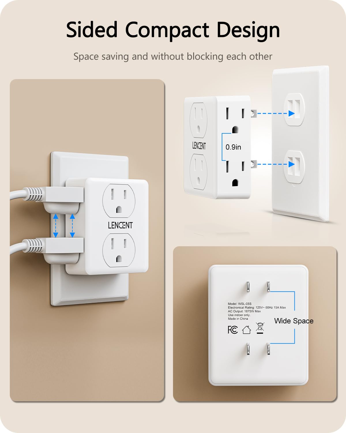 LENCENT 2-to-3 Prong Outlet Adapter – 6-Outlet Wall Tap (1875W Max) for Non-Grounded Outlets