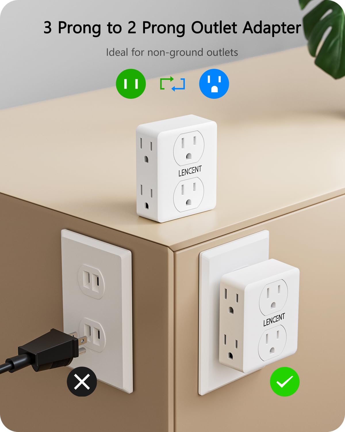 LENCENT 2-to-3 Prong Outlet Adapter – 6-Outlet Wall Tap (1875W Max) for Non-Grounded Outlets