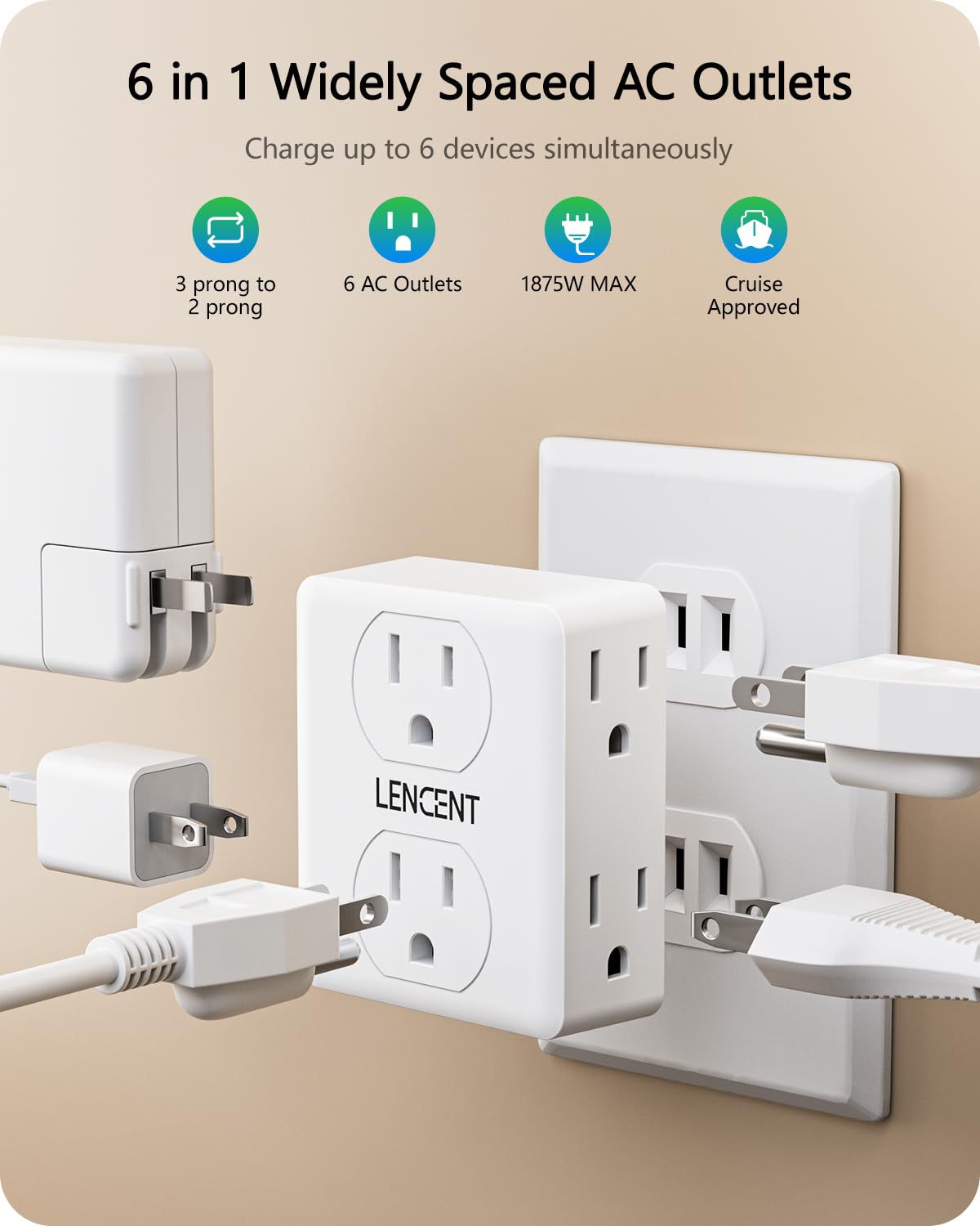 LENCENT 2-to-3 Prong Outlet Adapter – 6-Outlet Wall Tap (1875W Max) for Non-Grounded Outlets