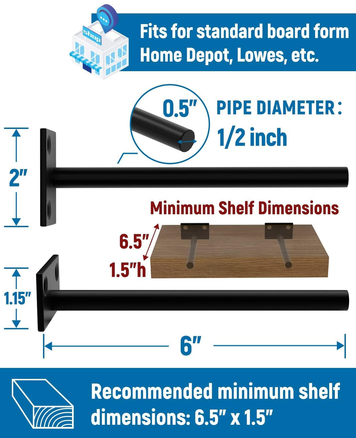 LEOPO 12-Pack 6-Inch Floating Shelf Brackets – Hidden Black-Coated, 110 lbs Capacity