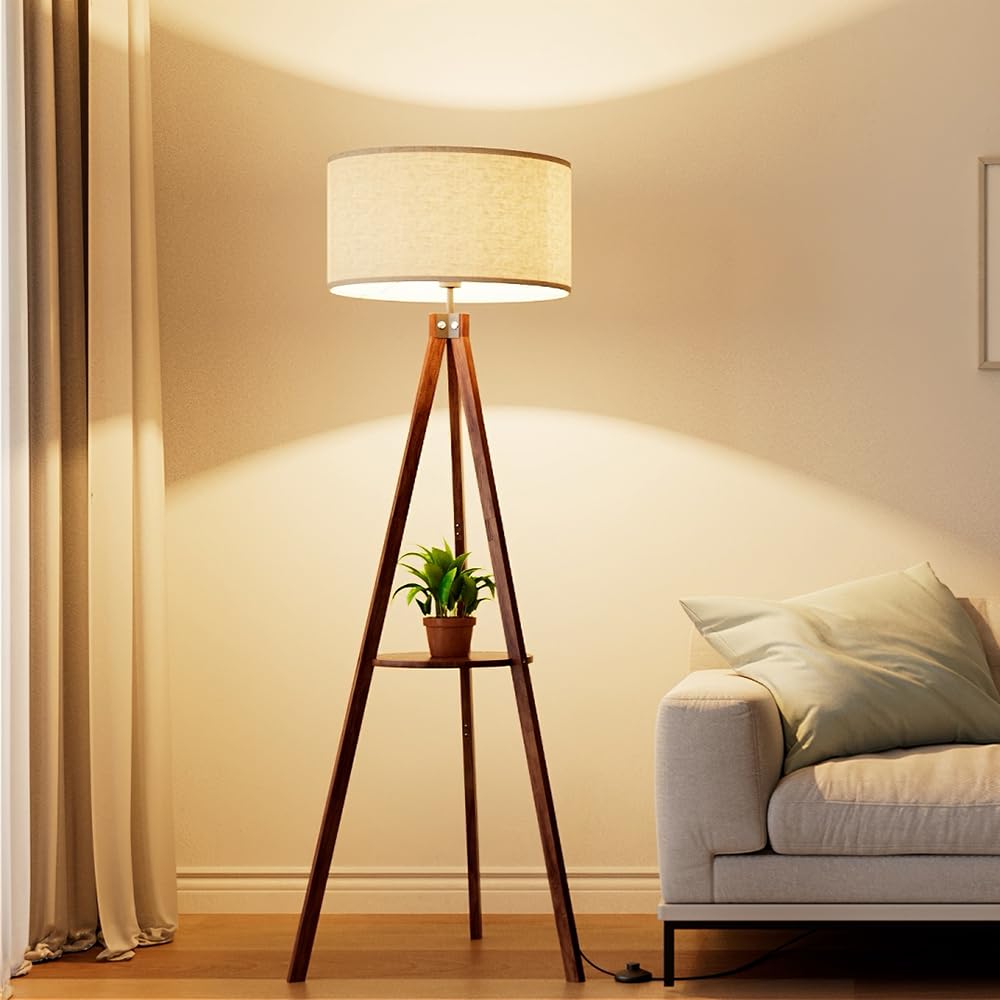 LEPOWER Tripod Floor Lamp with Wood Shelf – Mid-Century Linen Shade, E26 Base