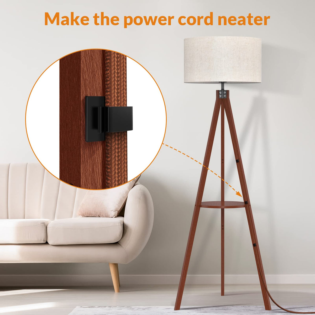 LEPOWER Tripod Floor Lamp with Wood Shelf – Mid-Century Linen Shade, E26 Base