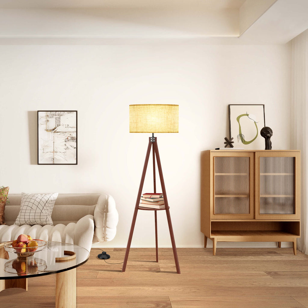 LEPOWER Tripod Floor Lamp with Wood Shelf – Mid-Century Linen Shade, E26 Base