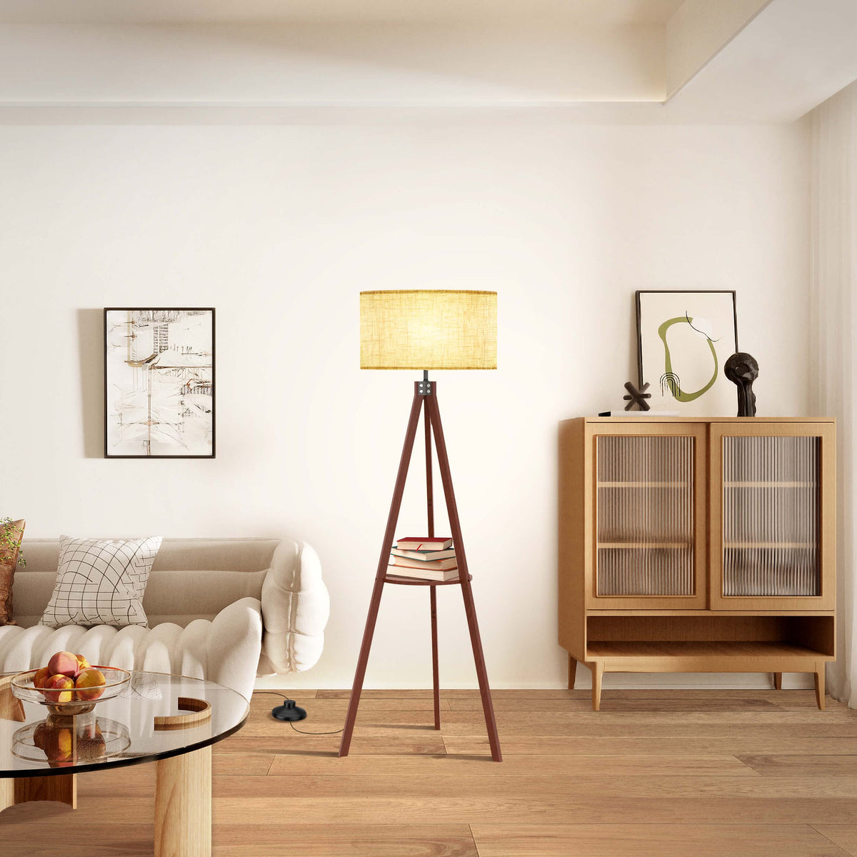 LEPOWER Tripod Floor Lamp with Wood Shelf – Mid-Century Linen Shade, E26 Base