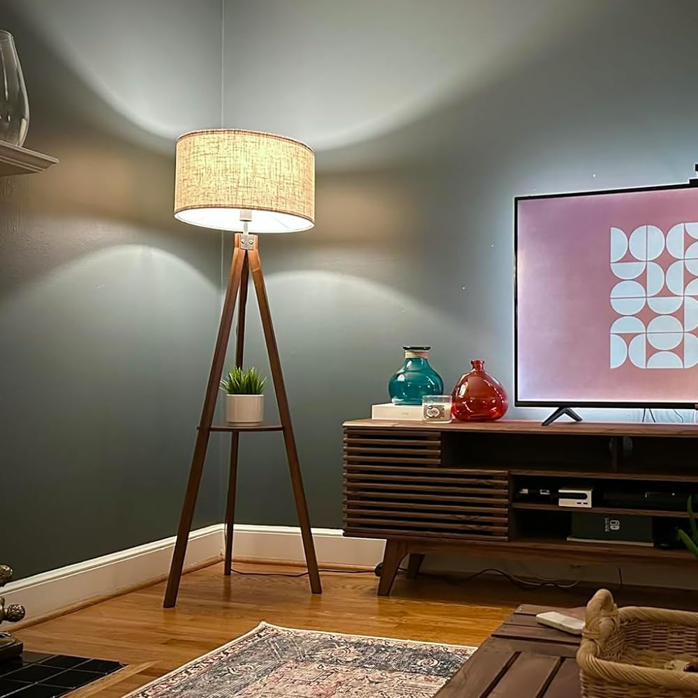 LEPOWER Tripod Floor Lamp with Wood Shelf – Mid-Century Linen Shade, E26 Base