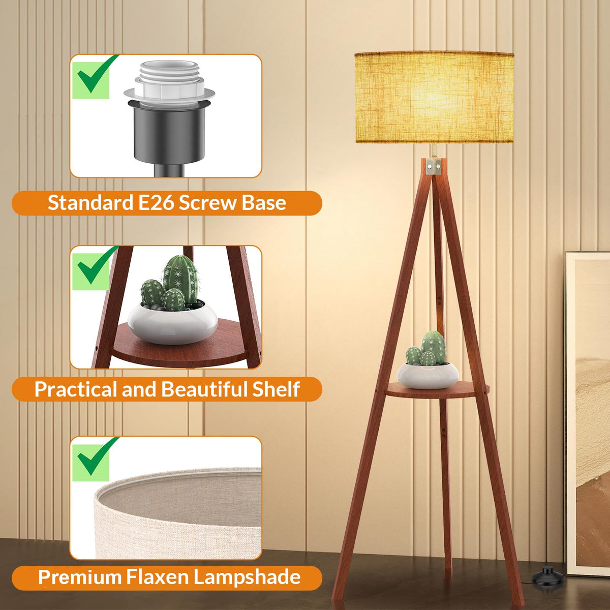 LEPOWER Tripod Floor Lamp with Wood Shelf – Mid-Century Linen Shade, E26 Base