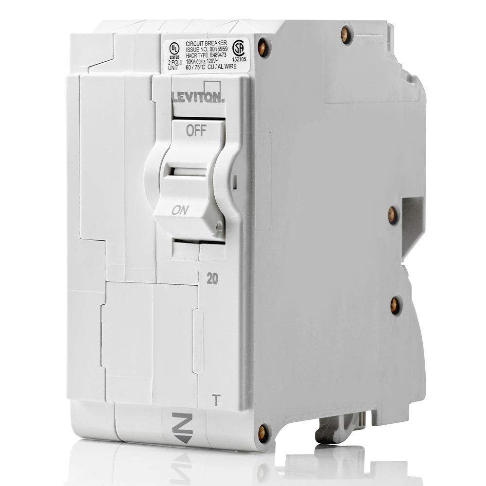 Leviton LB220-T 20A 2-Pole Plug-On Circuit Breaker – 120/240 VAC, Thermal Magnetic, White