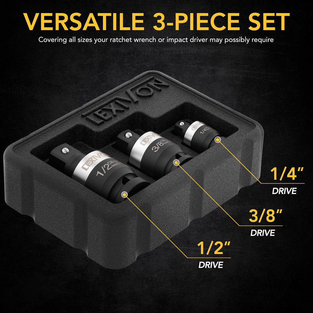 LEXIVON Impact SLIM Universal Joint Socket Set – 3-Piece (1/2\", 3/8\", 1/4\") | Chrome-Molybdenum Steel