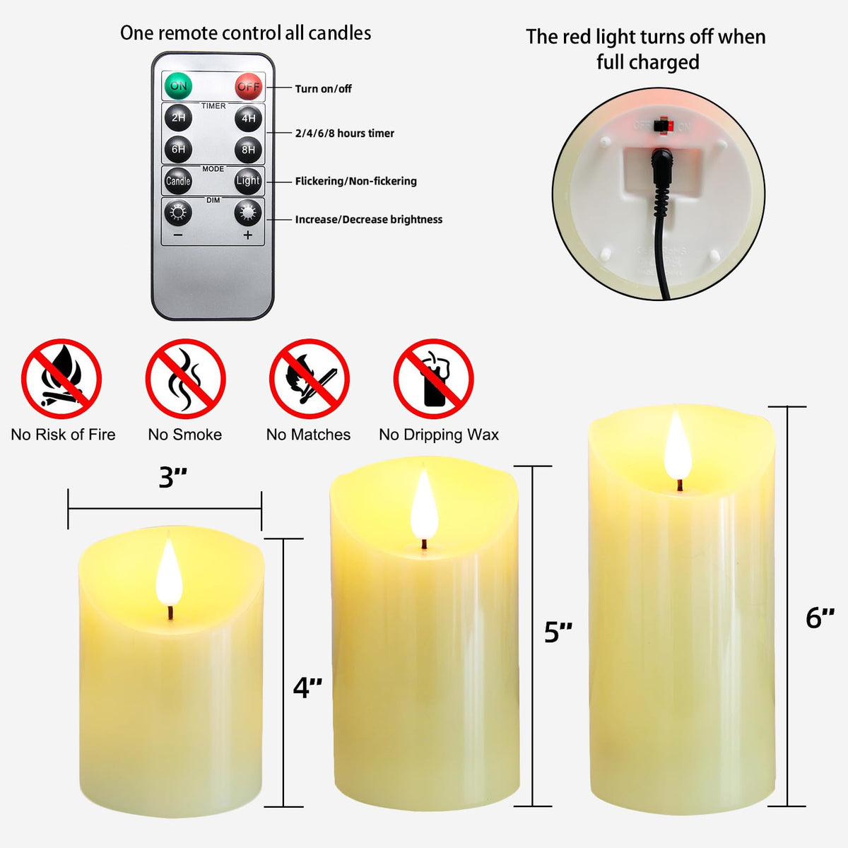 Lezonic Rechargeable Flameless Candles with Remote and Timer – 3-Piece Set (3in D x 4in/5in/6in H)