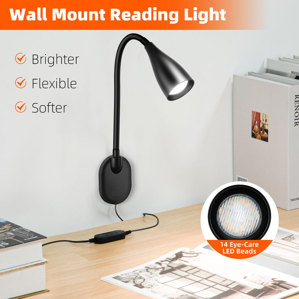 LiFMIRA Wall-Mounted LED Bedside Reading Light with USB, 10-Level Dimming & 5 Color Modes