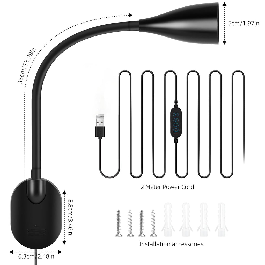 LiFMIRA Wall-Mounted LED Bedside Reading Light with USB, 10-Level Dimming & 5 Color Modes
