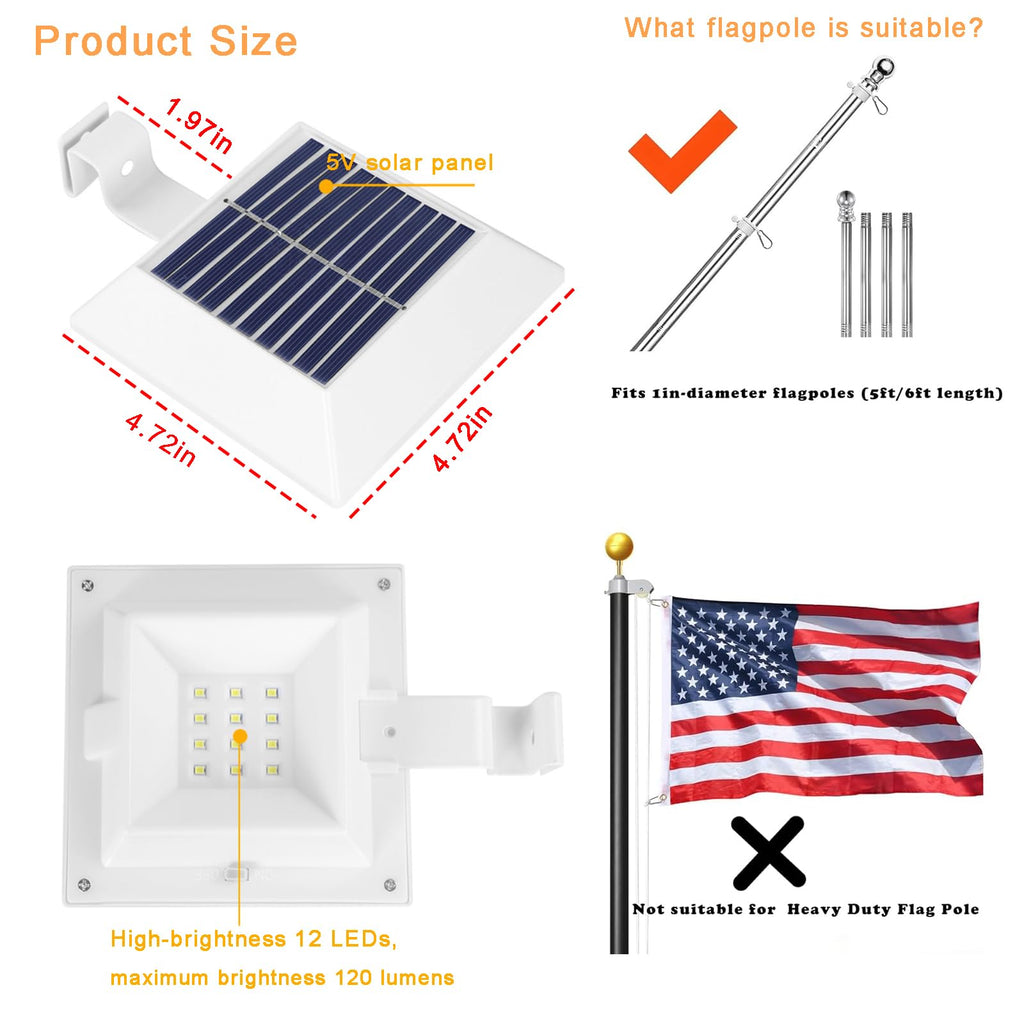 Little Joke Solar Flag Pole Light 6000K – 120 Lumen for 5ft–6ft Poles, Waterproof