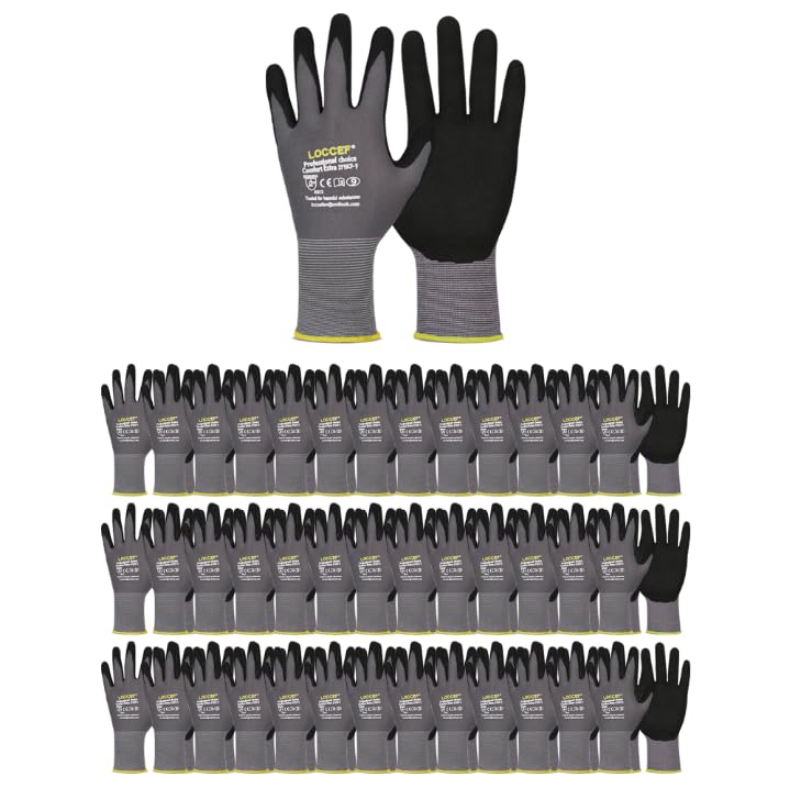 LOCCEF MicroFoam Nitrile Coated Work Gloves - 6 Pairs, Seamless Knit Nylon, Grey