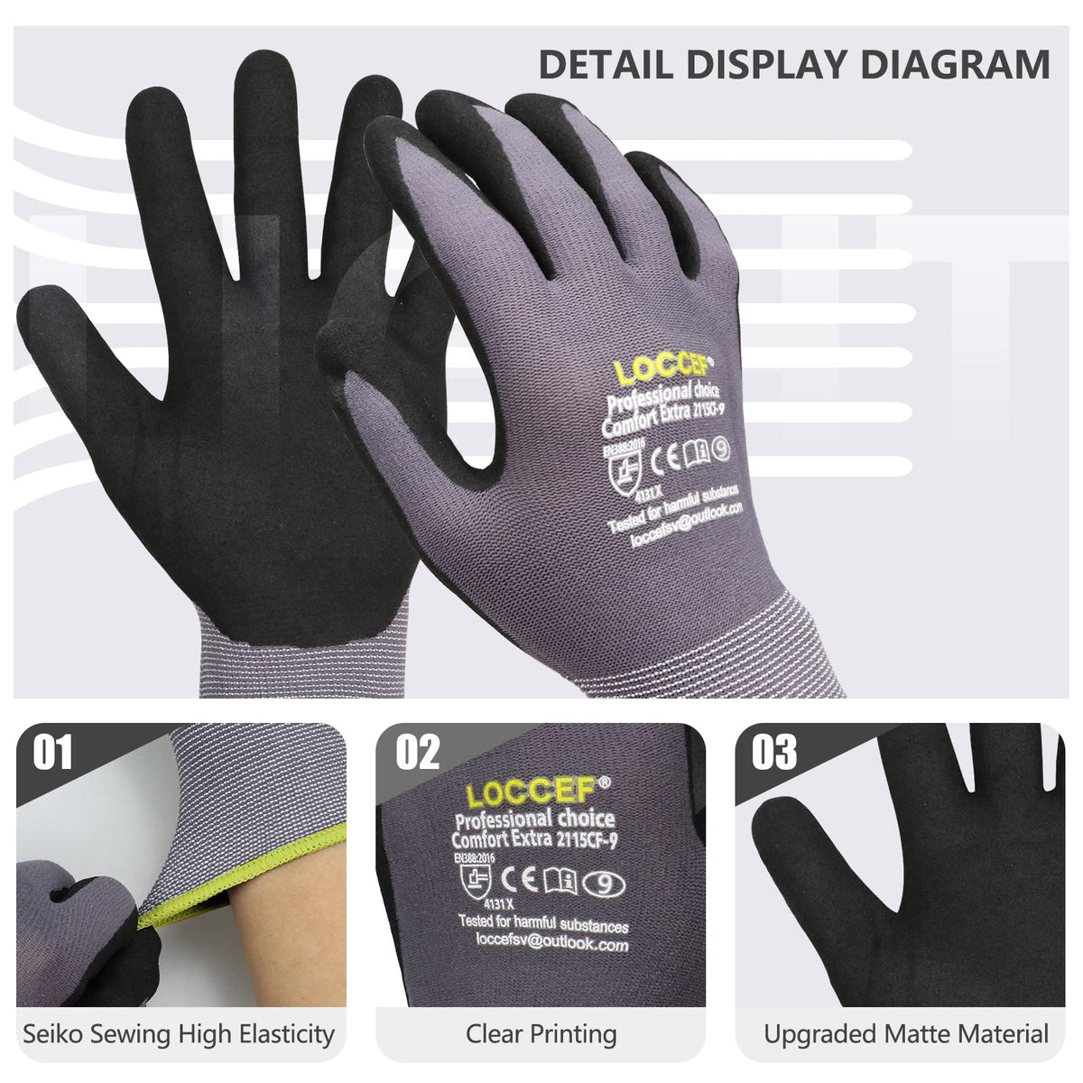 LOCCEF MicroFoam Nitrile Coated Work Gloves - 6 Pairs, Seamless Knit Nylon, Grey