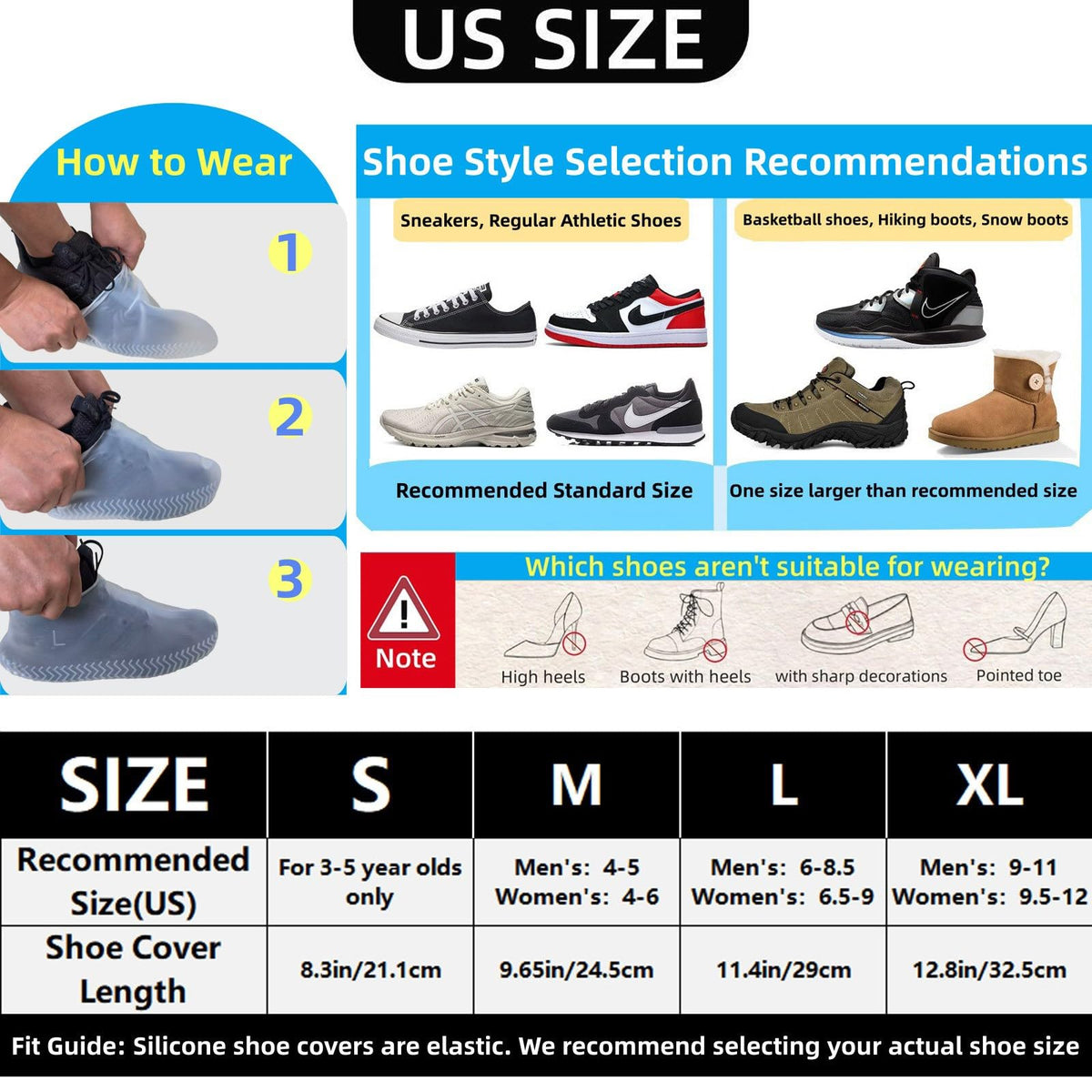 LSDWL Waterproof Shoe Covers 2 Pairs - Clear, X-Large | Reusable Silicone Rain Protection