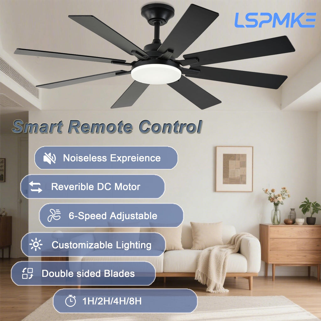 LSPMKE 52-Inch Ceiling Fan with Light & Remote – DC Motor, Dimmable, 3CCT, Quiet, Indoor/Outdoor