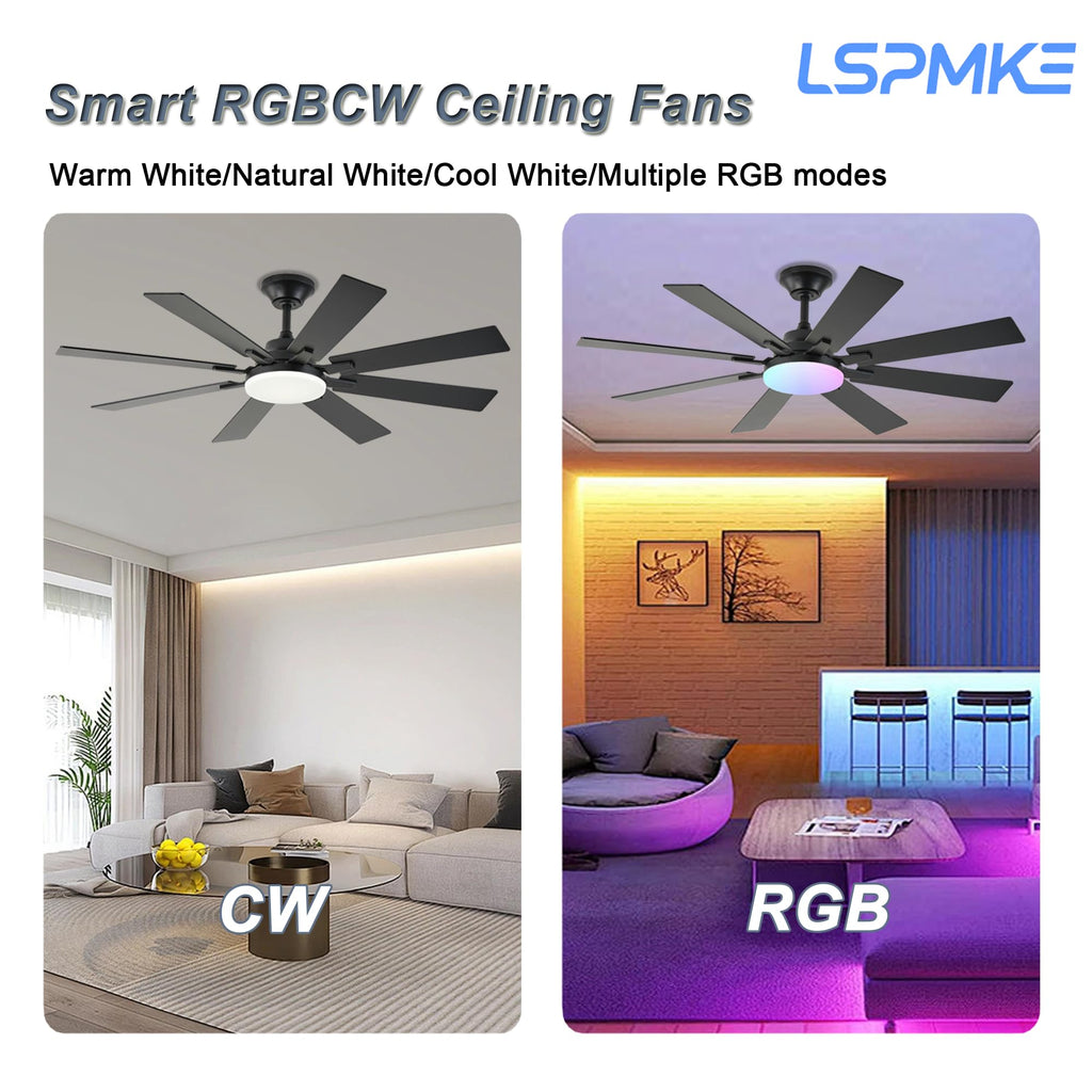 LSPMKE 52-Inch Ceiling Fan with Light & Remote – DC Motor, Dimmable, 3CCT, Quiet, Indoor/Outdoor