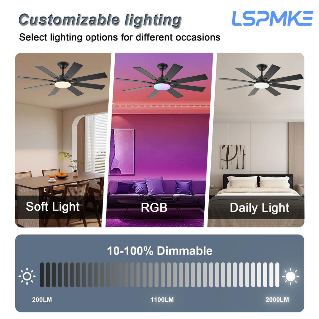 LSPMKE 52-Inch Ceiling Fan with Light & Remote – DC Motor, Dimmable, 3CCT, Quiet, Indoor/Outdoor