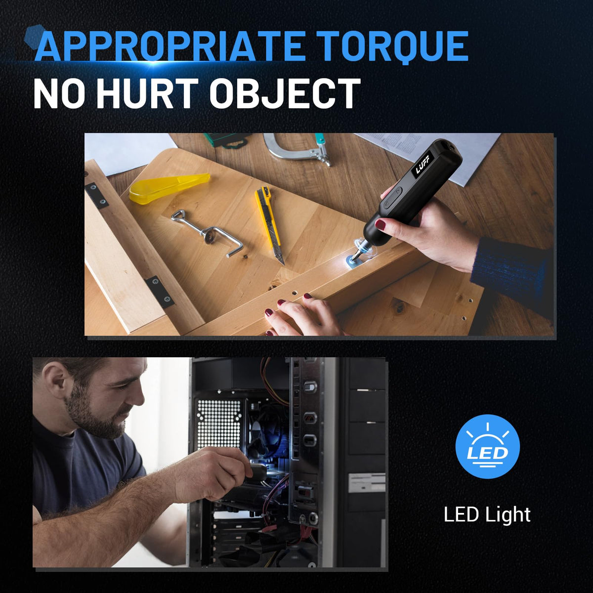 LUFF Electric Screwdriver Set 4V Cordless — 250 RPM, USB-C, LED, 12 Bits