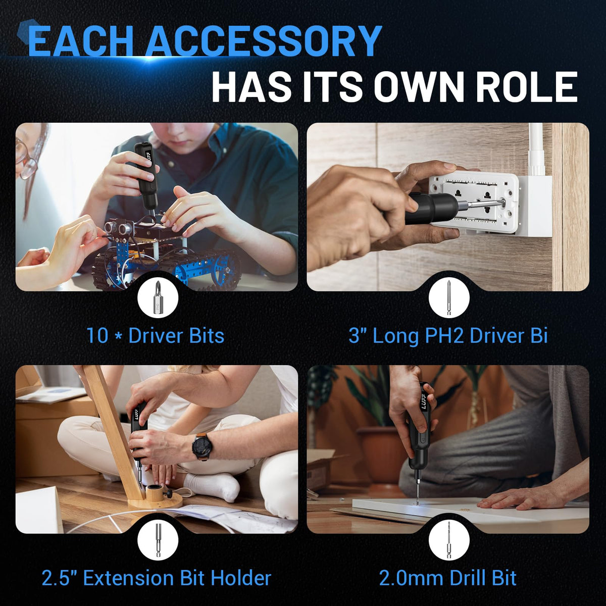 LUFF Electric Screwdriver Set 4V Cordless — 250 RPM, USB-C, LED, 12 Bits