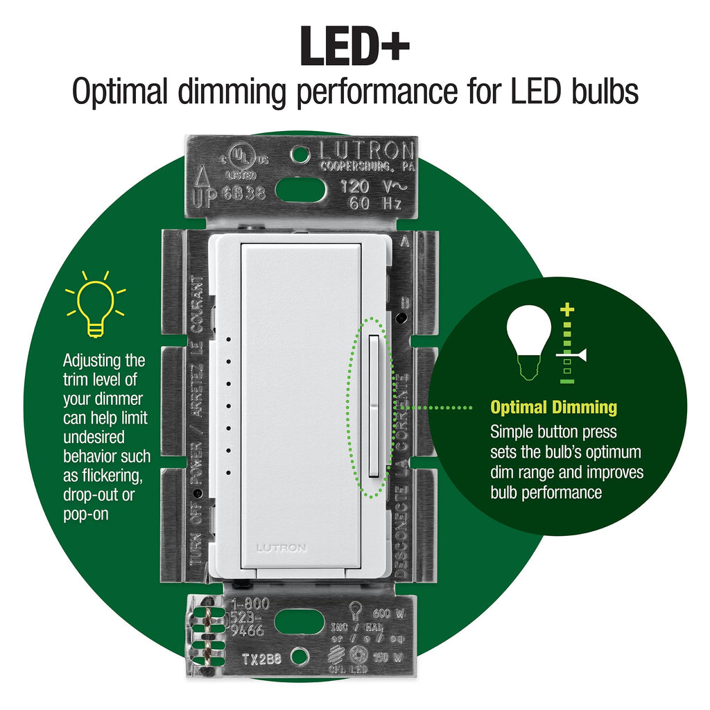 Lutron Maestro LED+ Dimmer Switch 2-Pack | 150W LED/CFL, 600W Incandescent | Single-Pole or Multi-Location – White