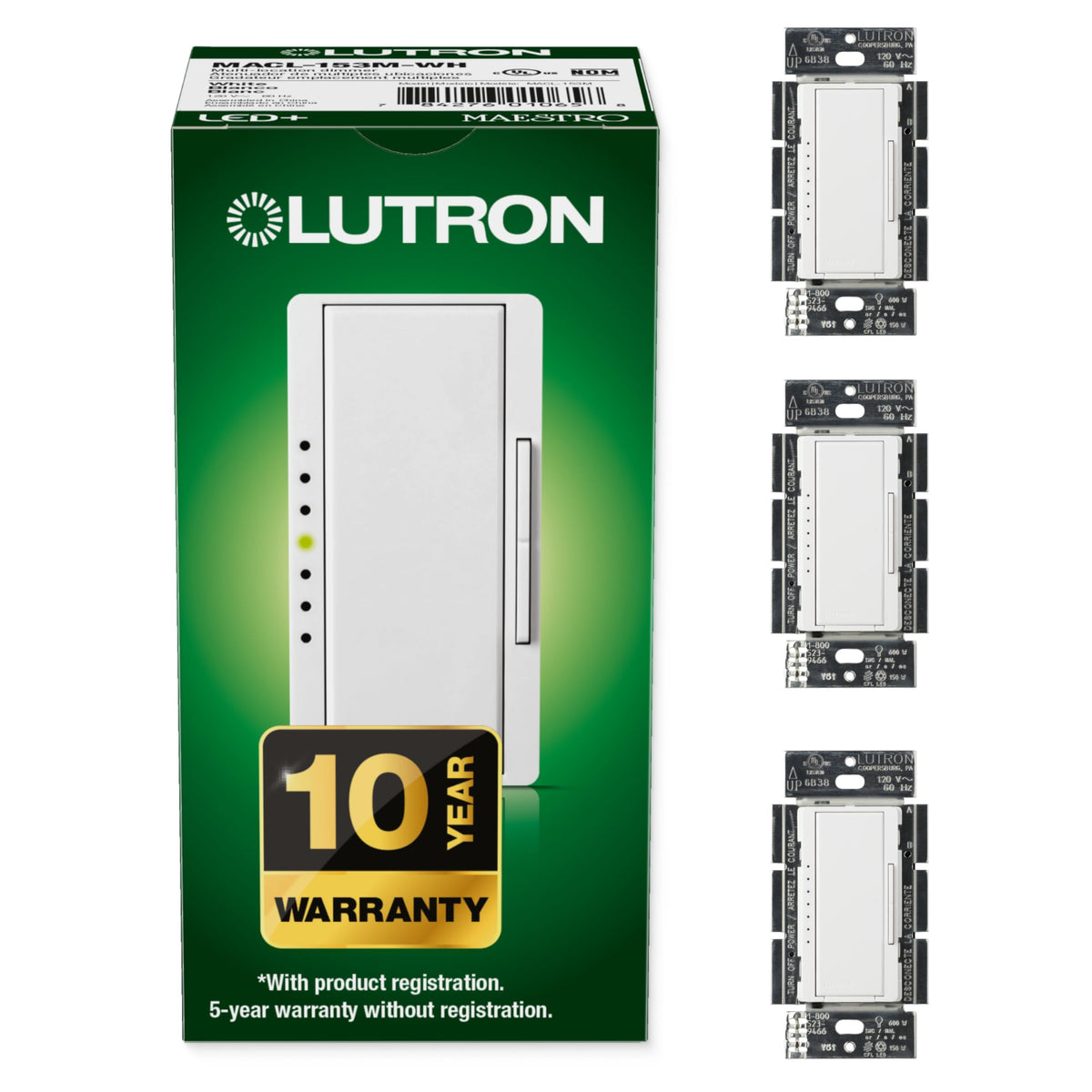 Lutron Maestro LED+ Dimmer Switch 3-Pack – 150W, Single-Pole/Multi-Location, White
