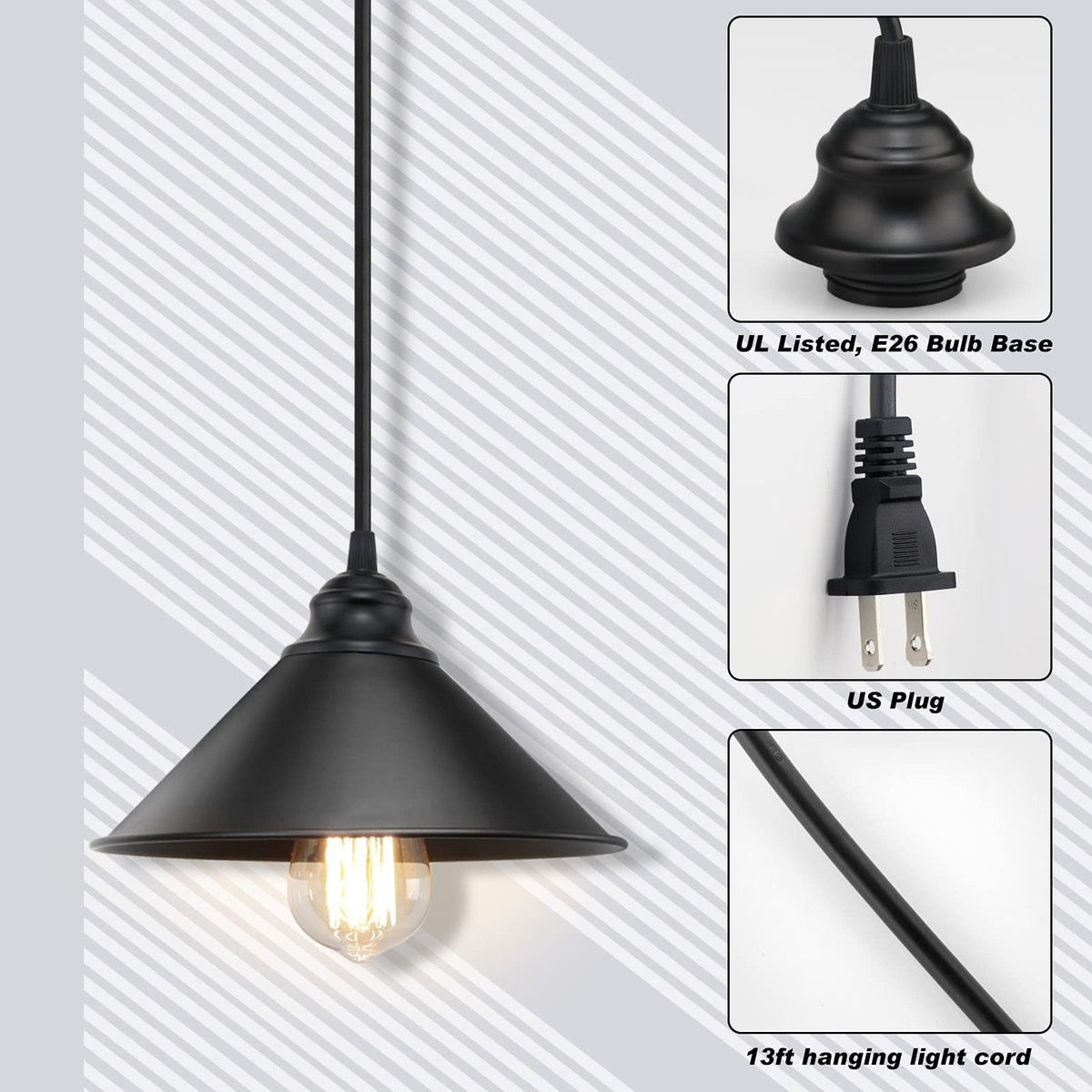 LYOOWNG Plug in Pendant Light – Industrial Farmhouse Hanging Light with Plug-in Cord