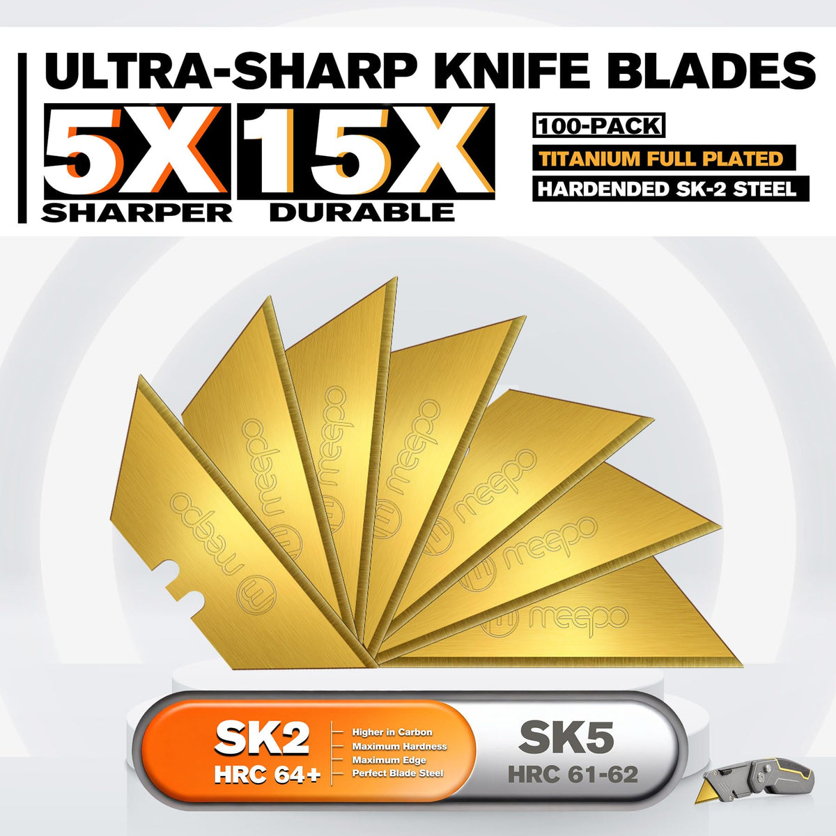 M MEEPO 100-Pack Titanium-SK2 Utility Knife Blades – Rust-Resistant & Durable