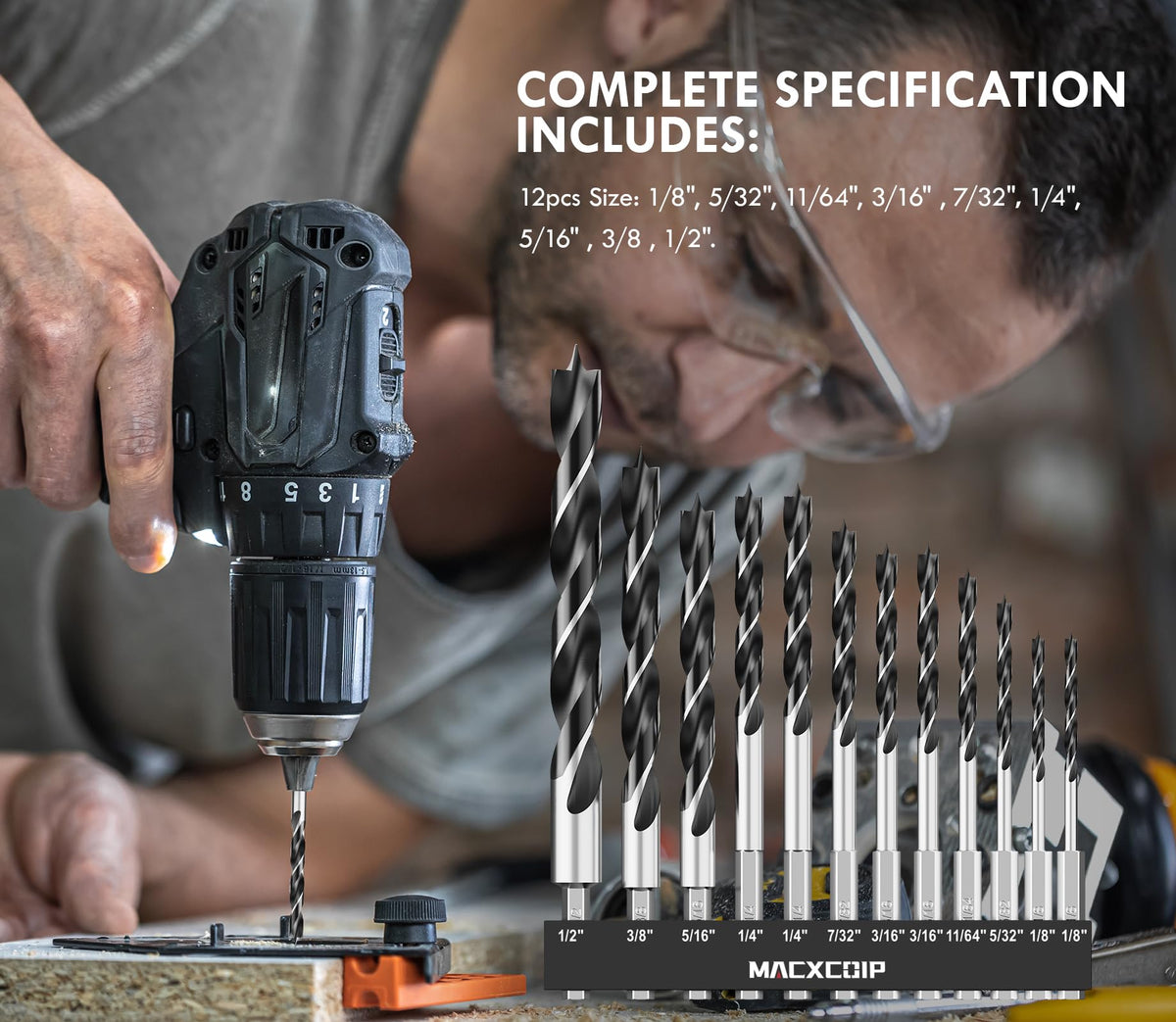 MACXCOIP Brad Point Wood Drill Bit Set - 12Pcs Hex Shank, 1/8 to 1/2 Inch