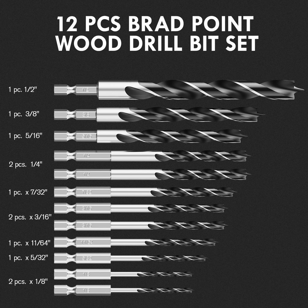 MACXCOIP Brad Point Wood Drill Bit Set - 12Pcs Hex Shank, 1/8 to 1/2 Inch
