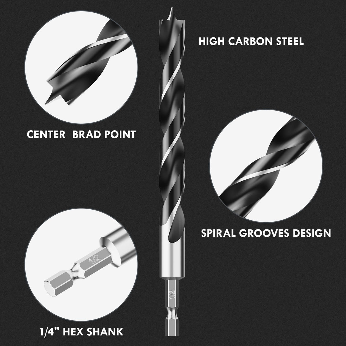 MACXCOIP Brad Point Wood Drill Bit Set - 12Pcs Hex Shank, 1/8 to 1/2 Inch