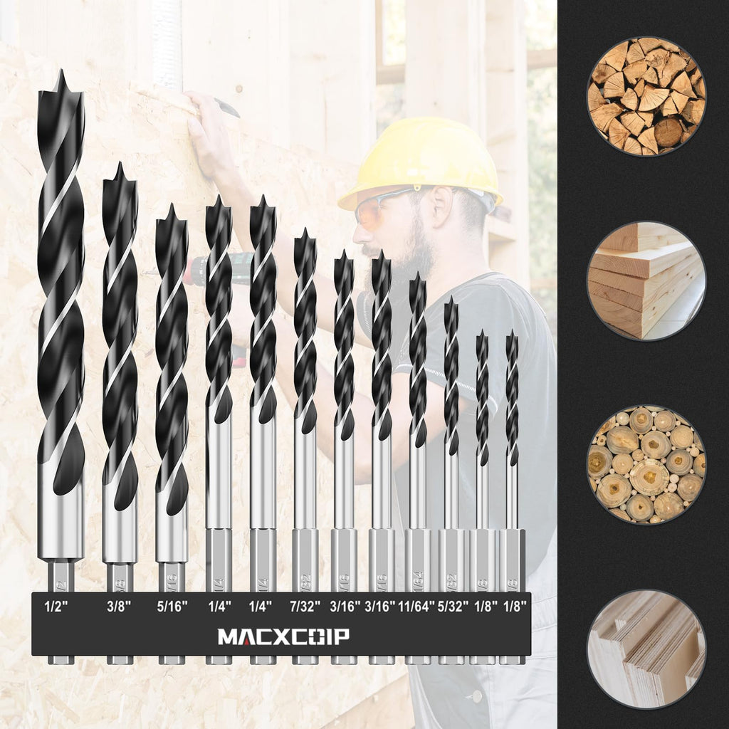 MACXCOIP Brad Point Wood Drill Bit Set - 12Pcs Hex Shank, 1/8 to 1/2 Inch