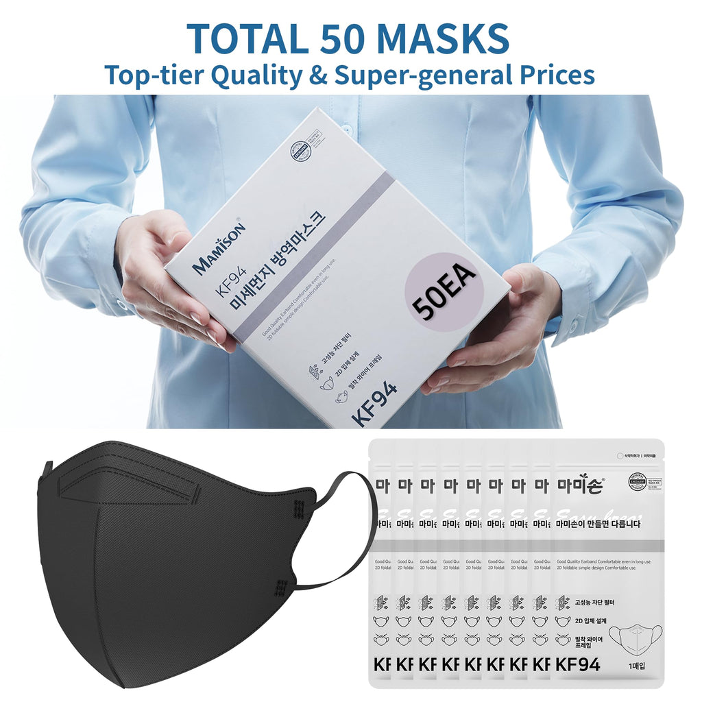 MAMISON KF94 Face Masks – 50 Pack, Made in Korea, Individually Wrapped, Black