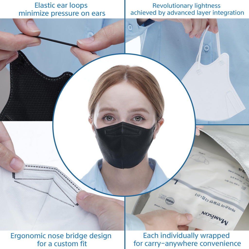 MAMISON KF94 Face Masks – 50 Pack, Made in Korea, Individually Wrapped, Black