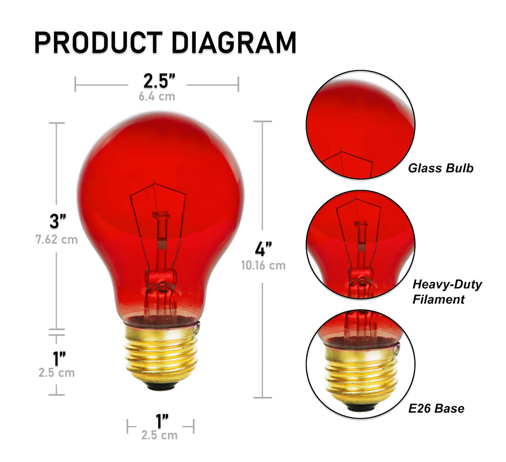 Mandala Crafts Clear Red 25W Specialty Light Bulbs – A19, E26 Base, 6 Pack, 120V | Not for General Illumination