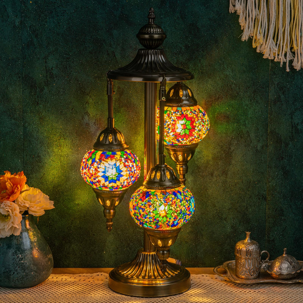 Marrakech Turkish Lamp 3 Globes - Handmade Moroccan Mosaic Glass Table Lamp with Bronze Base | LED Included