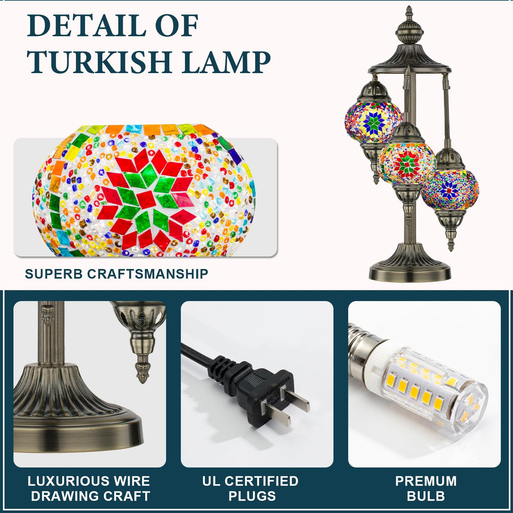 Marrakech Turkish Lamp 3 Globes - Handmade Moroccan Mosaic Glass Table Lamp with Bronze Base | LED Included