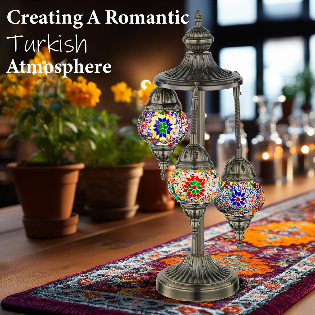 Marrakech Turkish Lamp 3 Globes - Handmade Moroccan Mosaic Glass Table Lamp with Bronze Base | LED Included