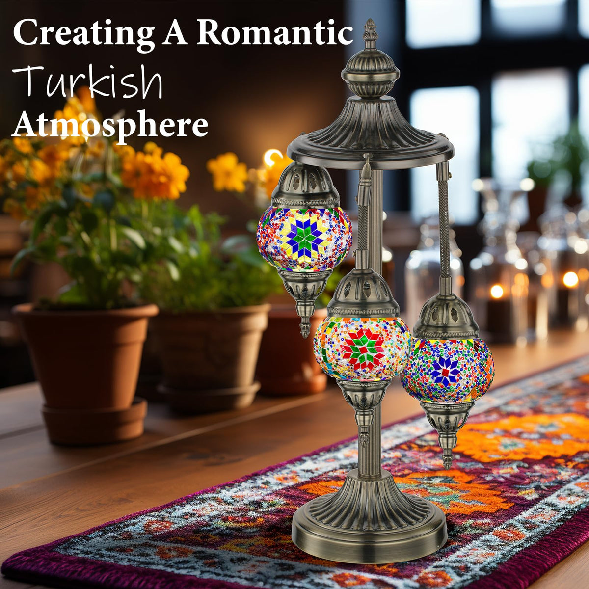 Marrakech Turkish Lamp 3 Globes - Handmade Moroccan Mosaic Glass Table Lamp with Bronze Base | LED Included