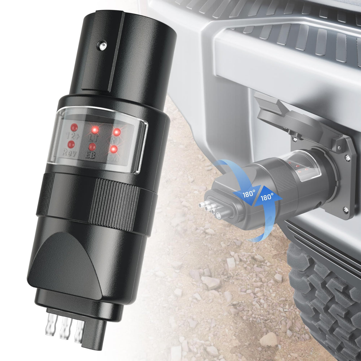 MECMO 360° Rotatable 7-Pin & 4-Pin Trailer Tester — 6 LED Indicators, IP67, Swivel Connector