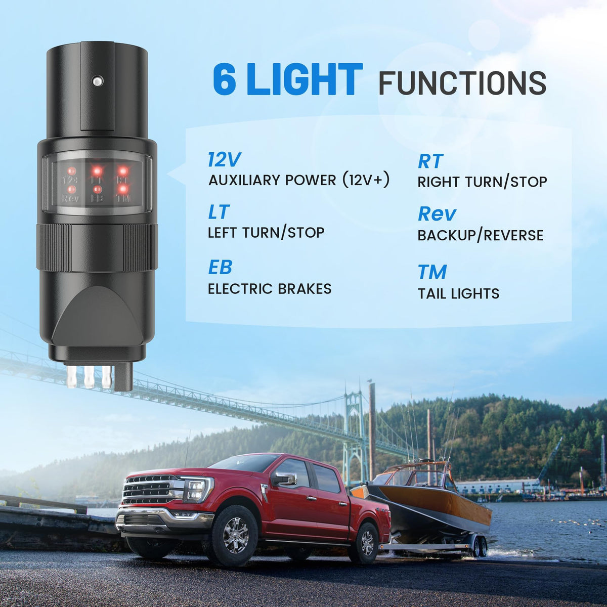 MECMO 360° Rotatable 7-Pin & 4-Pin Trailer Tester — 6 LED Indicators, IP67, Swivel Connector