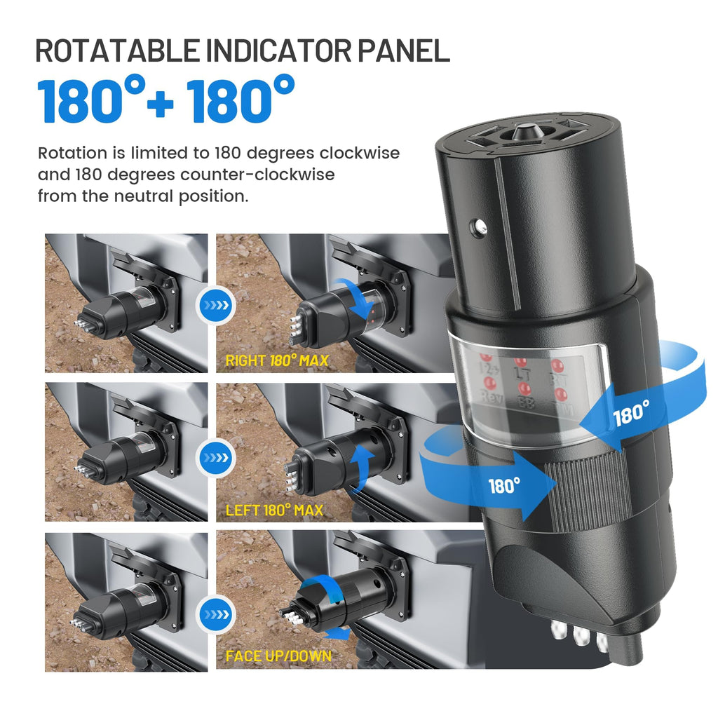 MECMO 360° Rotatable 7-Pin & 4-Pin Trailer Tester — 6 LED Indicators, IP67, Swivel Connector