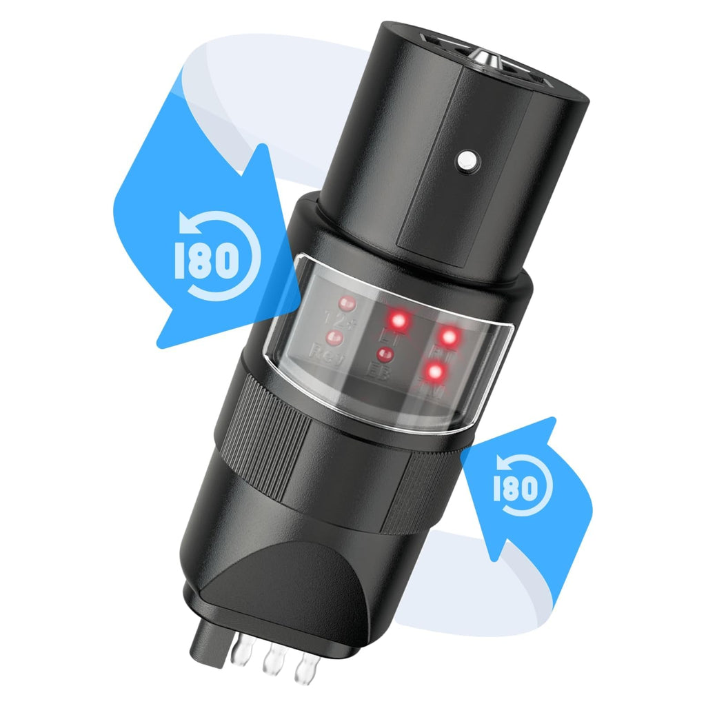 MECMO 360° Rotatable 7-Pin & 4-Pin Trailer Tester — 6 LED Indicators, IP67, Swivel Connector
