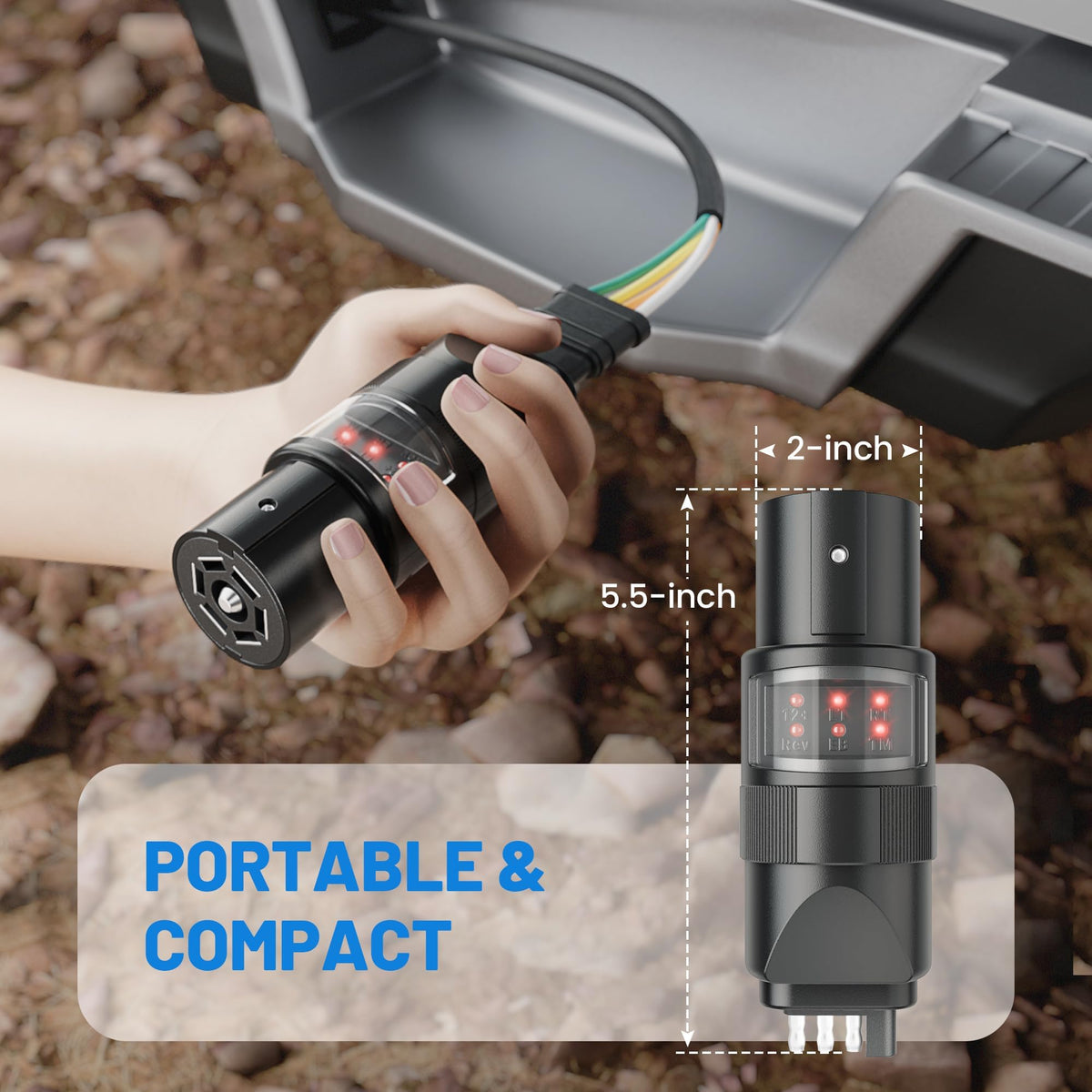 MECMO 360° Rotatable 7-Pin & 4-Pin Trailer Tester — 6 LED Indicators, IP67, Swivel Connector