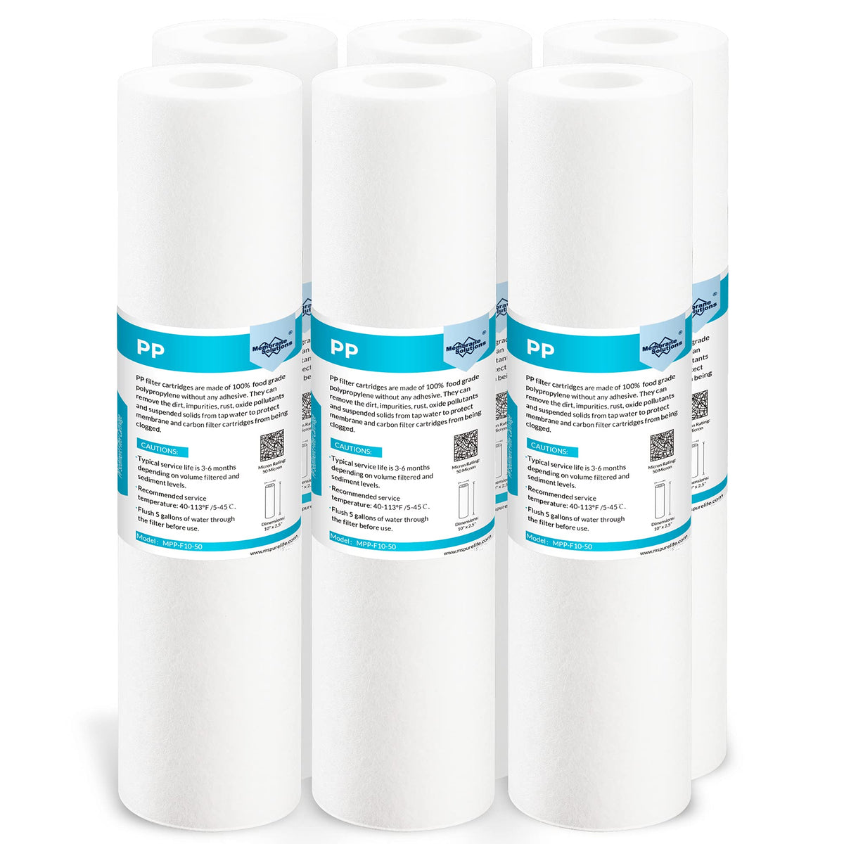 Membrane Solutions 50 Micron Sediment Filter — 10x2.5" Polypropylene Replacement for Whole House RO Systems (AP110, FXUSC, WHKF-GD05, P5)
