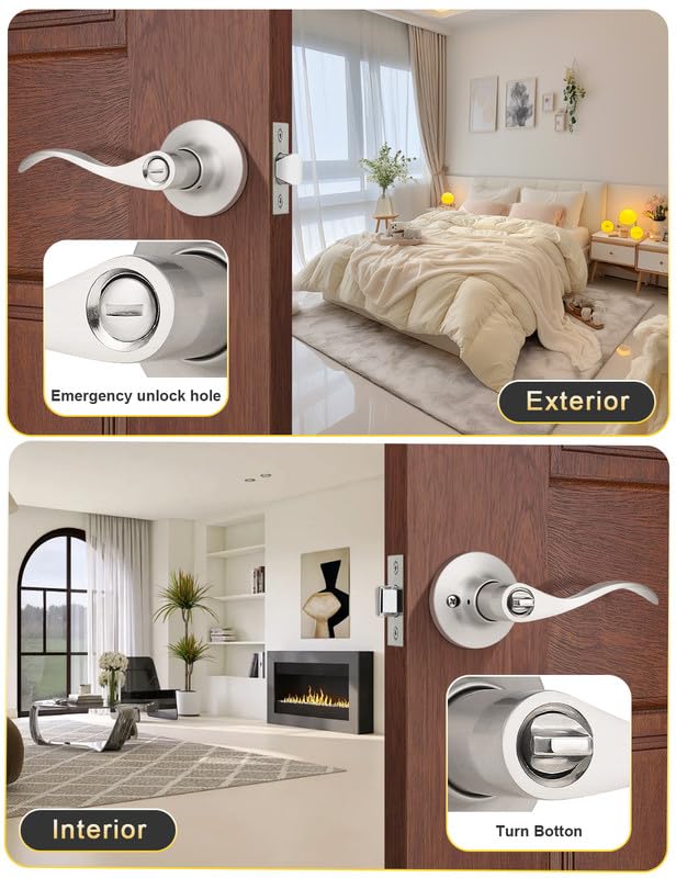 Mengico 10-Pack Satin Nickel Privacy Door Levers | Reversible Wave Interior Hardware