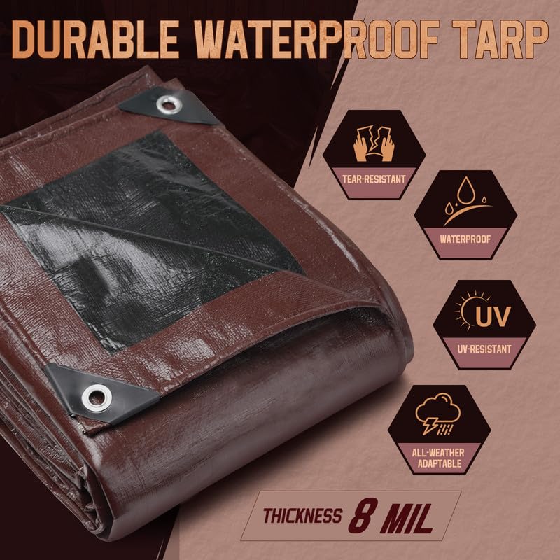 MERUYOO 8 Mil Waterproof Tarps 10x12 ft – UV Resistant, Reversible Poly Tarp with Grommets