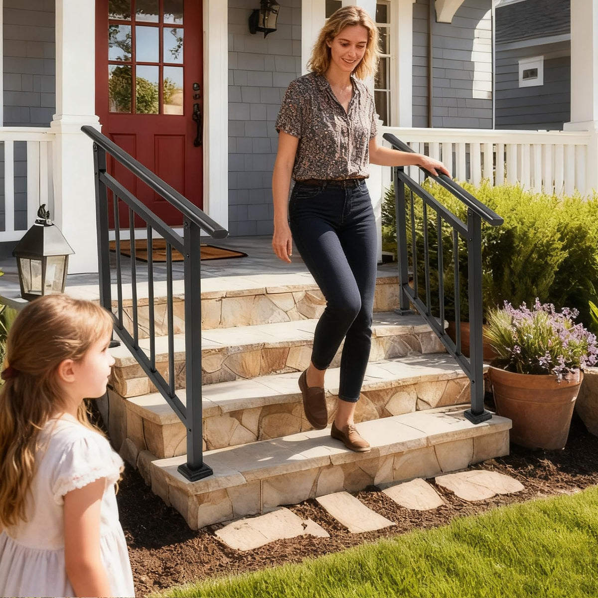 Metty Metal Hand Rails for Outdoor Steps — 3-Step Stair Rail Kit, Black