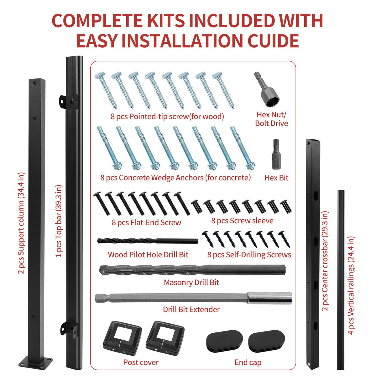 Metty Metal Hand Rails for Outdoor Steps — 3-Step Stair Rail Kit, Black