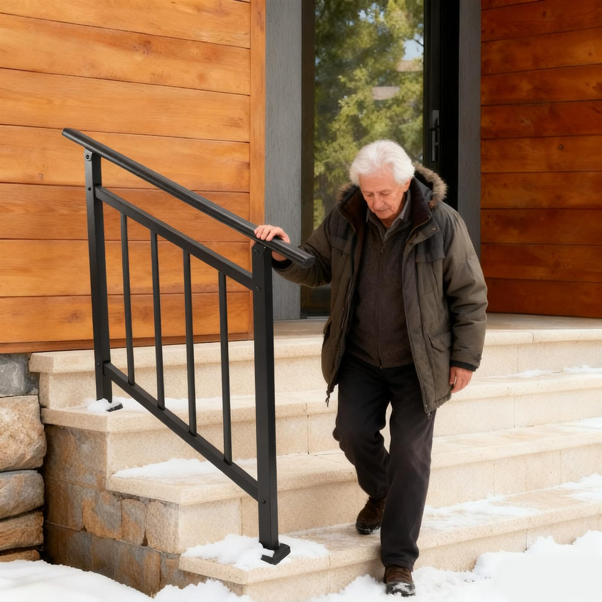 Metty Metal Hand Rails for Outdoor Steps — 3-Step Stair Rail Kit, Black